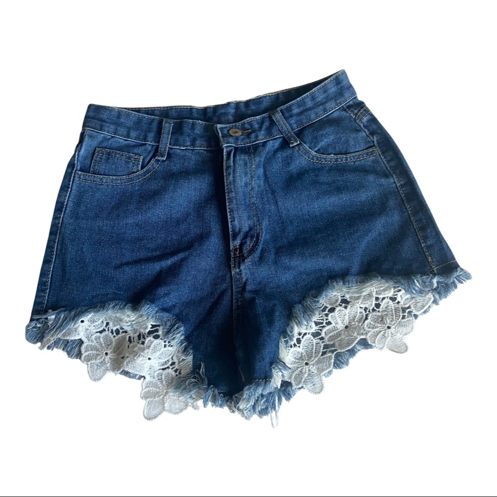 High Waist Denim Shorts with Crochet Details